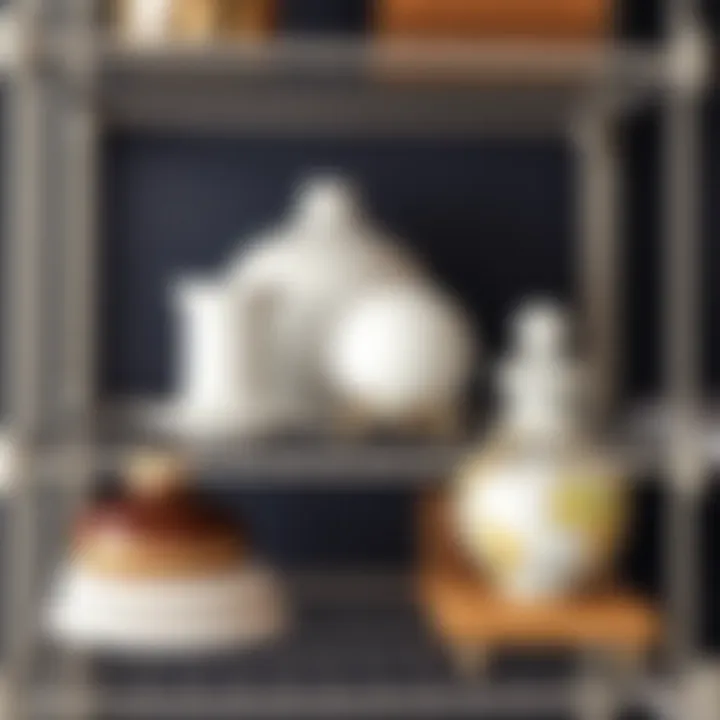 Close-up of wire shelving with decorative items