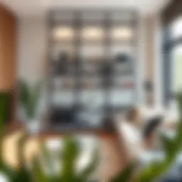 Tall narrow wire shelving in a modern living room