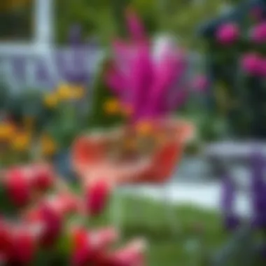 Vibrant Garden with Stylish Outdoor Chair A stylish plastic string outdoor chair in a vibrant garden setting