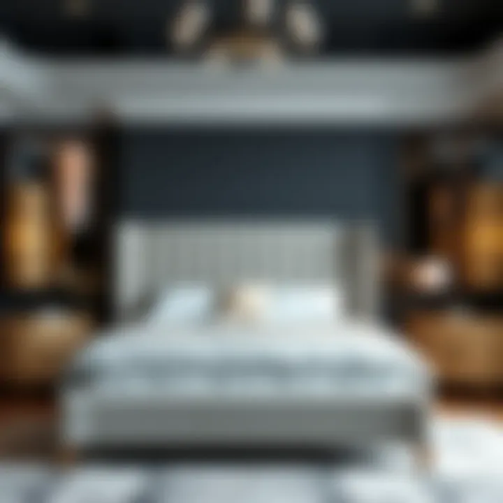 Stylish bedroom decor with velvet bed frame as focal point