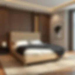 Elegant floor bed frame with a plush headboard in a modern bedroom setting