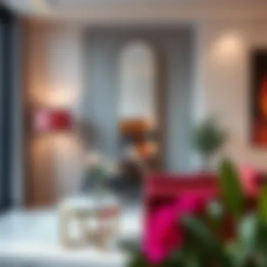 Stylish tall mirror on a decorative stand in a modern living room