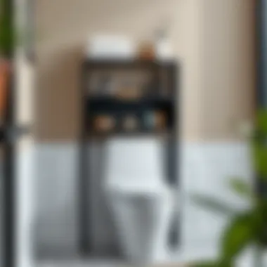 Sleek black wood over-the-toilet shelving unit showcasing bathroom accessories