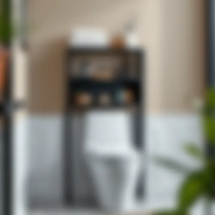Sleek black wood over-the-toilet shelving unit showcasing bathroom accessories