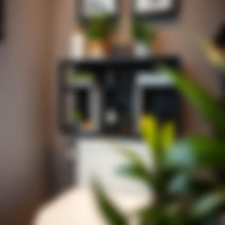 Close-up of black wood storage with decorative plants and toiletries