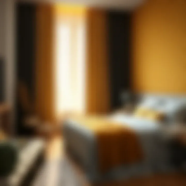 Cozy bedroom with yellow pattern blackout curtains enhancing ambiance