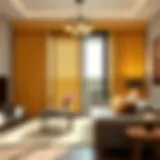 Elegant yellow pattern blackout curtains in a stylish living room