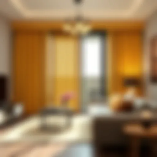 Elegant yellow pattern blackout curtains in a stylish living room