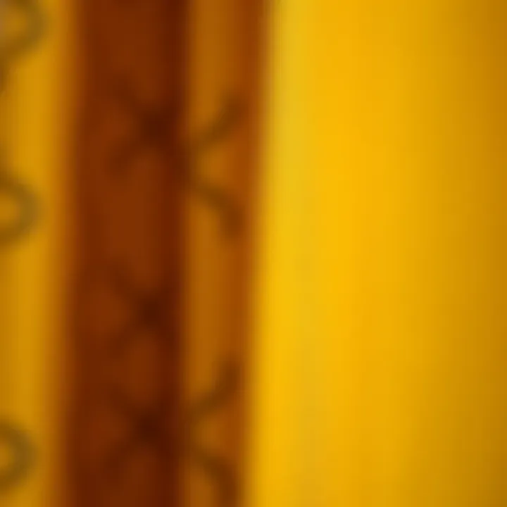Close-up of intricate yellow pattern fabric used for curtains