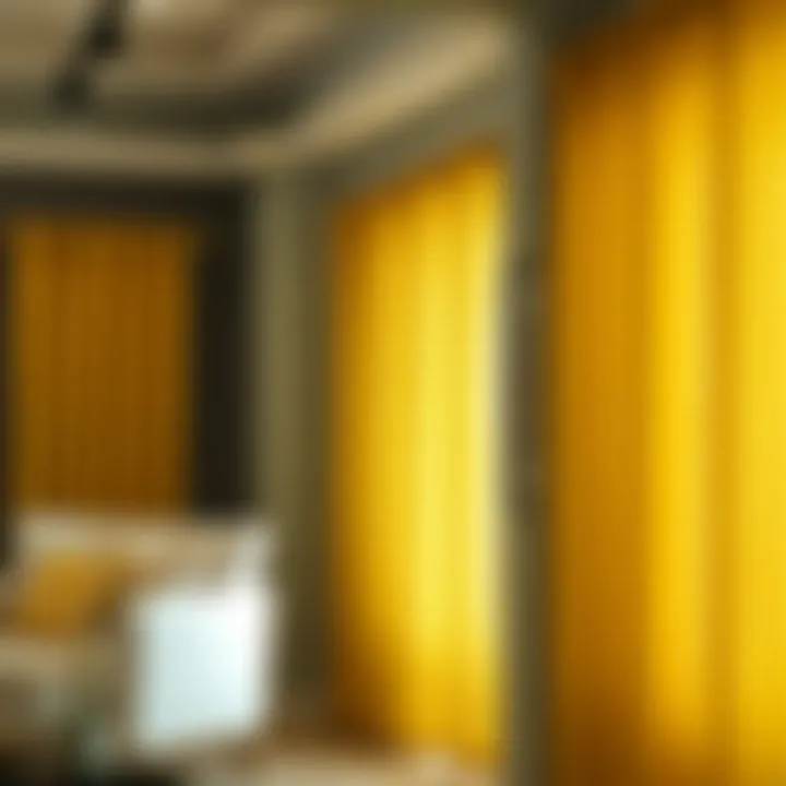 Variety of yellow pattern blackout curtains displayed in a showroom
