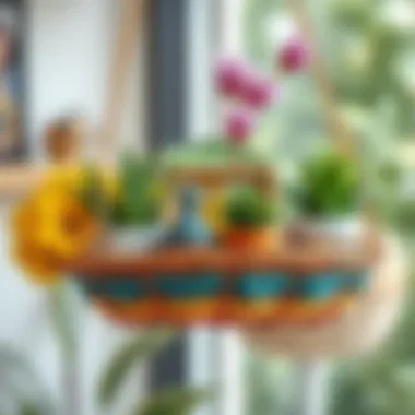 Vibrant Hanging Tray Basket with Natural Elements Colorful hanging tray basket adorned with plants and art pieces