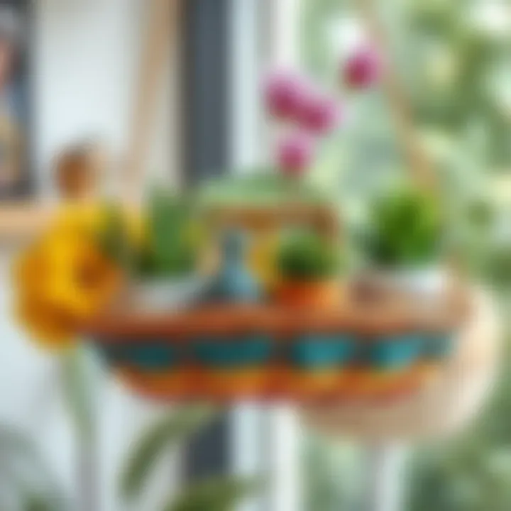 Vibrant Hanging Tray Basket with Natural Elements Colorful hanging tray basket adorned with plants and art pieces