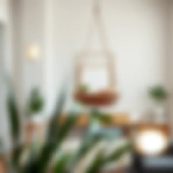 Hanging Tray Basket Enhancing Minimalist Space Minimalist living room featuring a hanging tray basket as a focal point