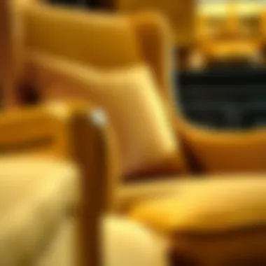 Close-up of luxurious fabric on a gold accent chair with arms