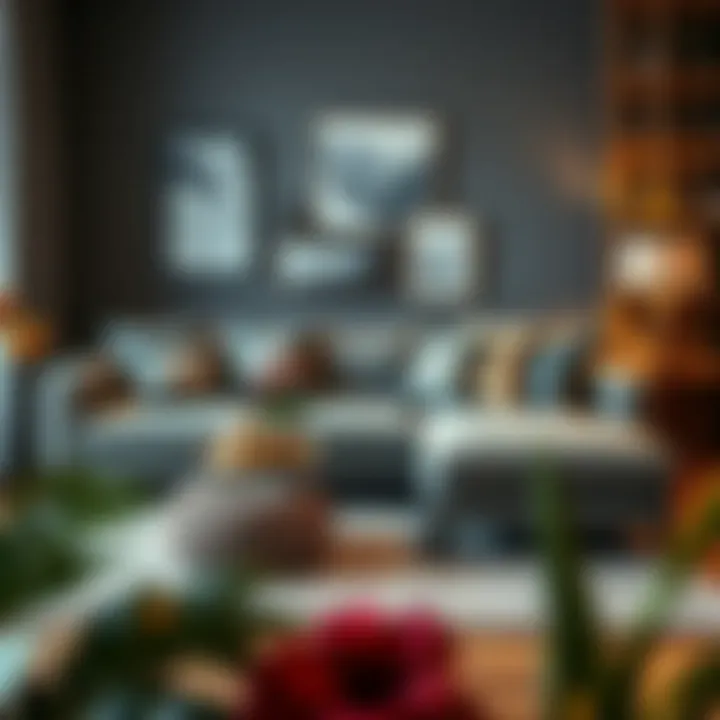 Stylish grey sectional couch styled with decorative pillows