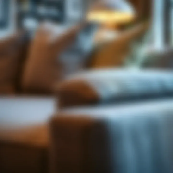Close-up of high-quality fabric on a grey sectional couch
