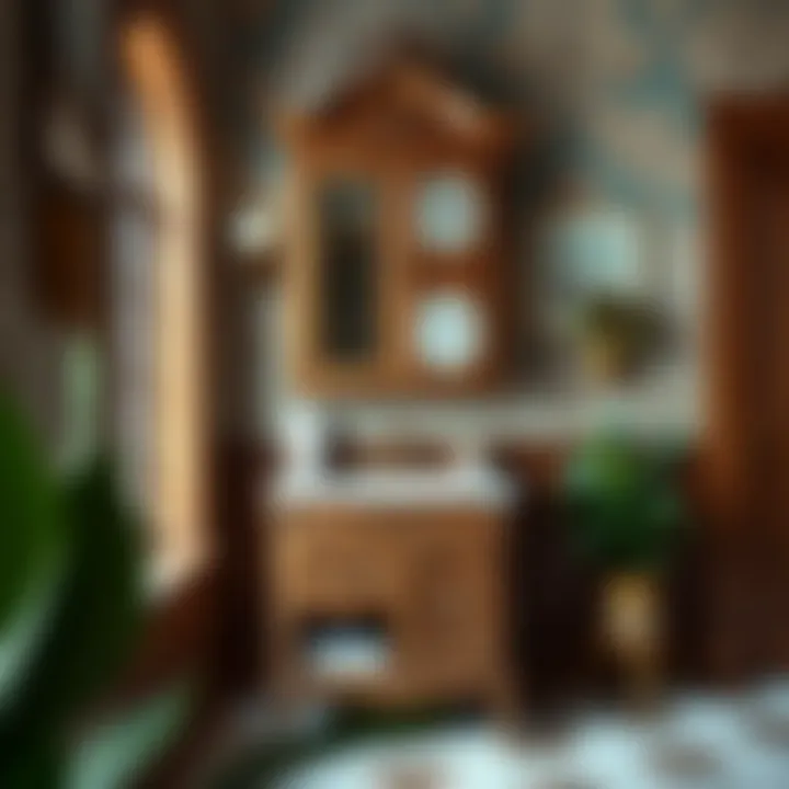 Elegant vintage-style bathroom cabinet with ornate details and rich wood tones