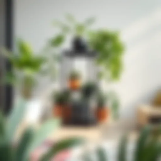 A sleek, modern plant stand with multiple tiers showcasing vibrant greenery.