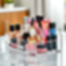 A sleek acrylic makeup organizer showcasing a variety of cosmetics