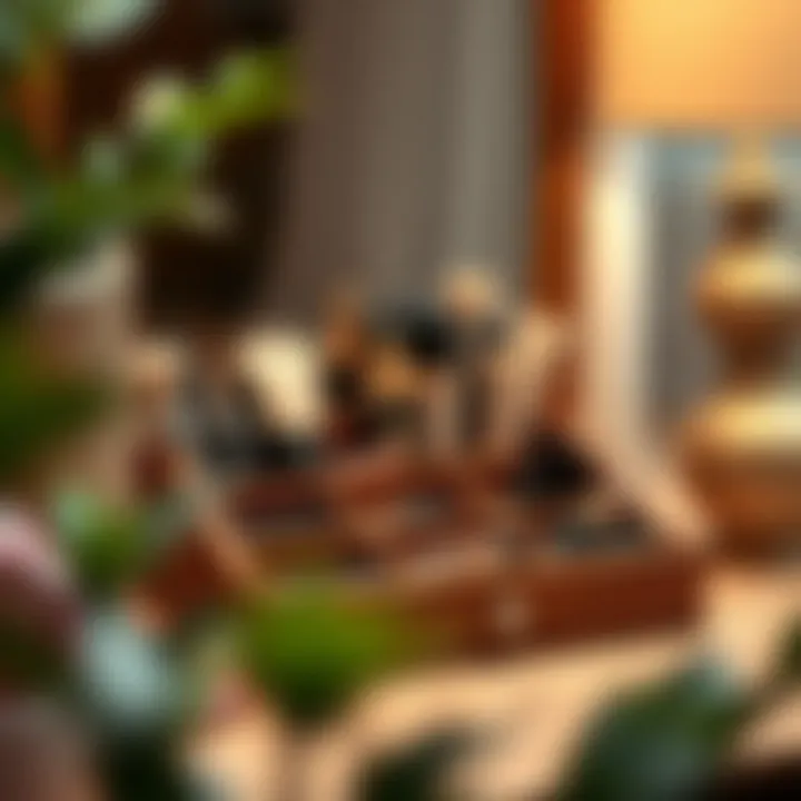 A wooden vanity organizer with compartments for different makeup items