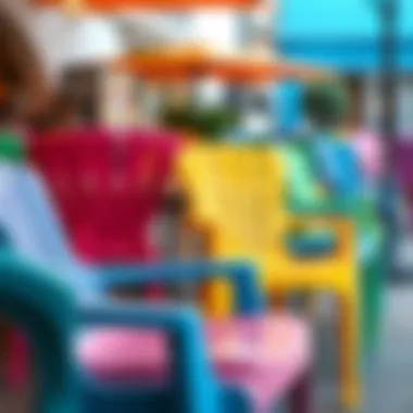 A range of colorful PVC chairs displayed in an outdoor cafe