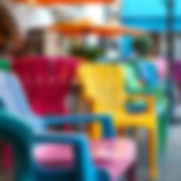 A range of colorful PVC chairs displayed in an outdoor cafe
