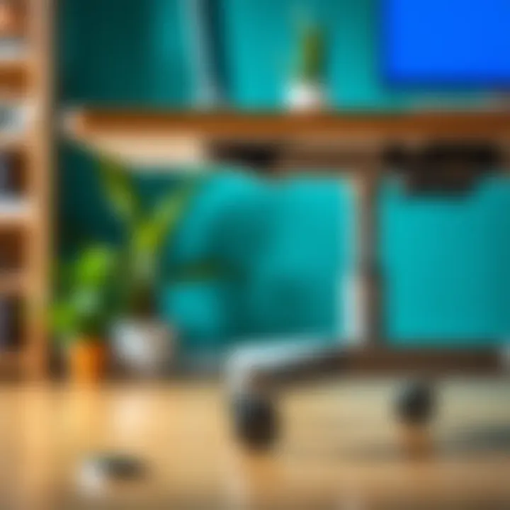 Close-up of adjustable features of a sit-stand desk on wheels