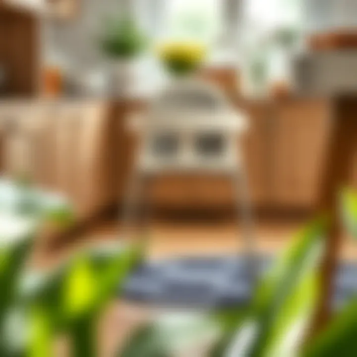 Placement of spill mat under a high chair in a dining area