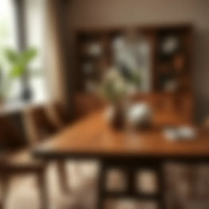 Stylish wood dining table adorned with decorative elements