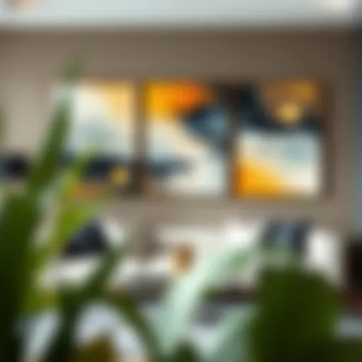 Elegant trio of abstract canvas artworks arranged on a modern living room wall