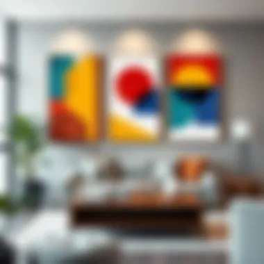 Vibrant Geometric Canvas Collection Vibrant geometric shapes in three canvas pieces enhancing a contemporary office space