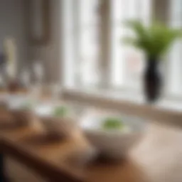 Elegant arrangement of small white dipping bowls on a dining table