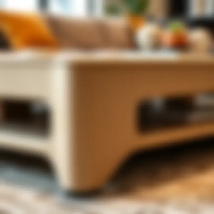 Close-up of a beige coffee table showcasing unique design details
