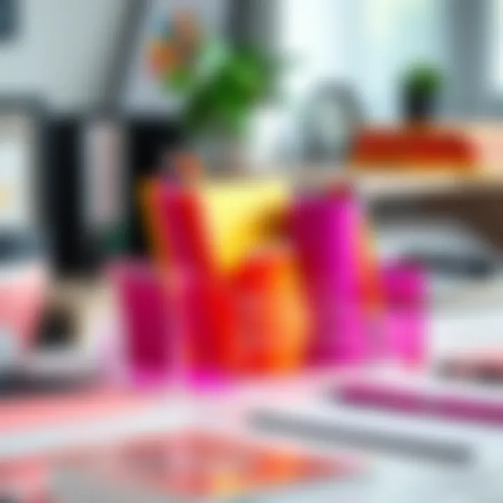 Colorful acrylic desk organizer arranged on a stylish desk with vibrant stationery.