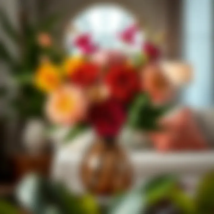 Luxurious arrangement of vibrant artificial flowers in a modern vase