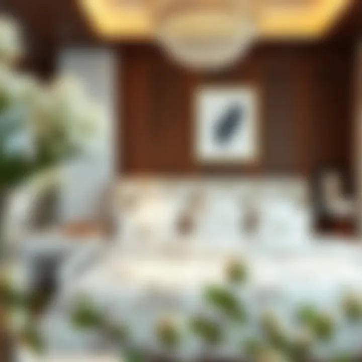 Cozy bedroom featuring white floral bedding in a serene ambiance