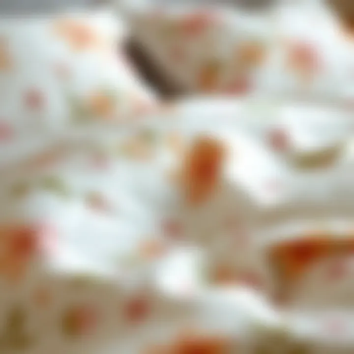Close-up of fabric texture showing delicate floral patterns on bedding