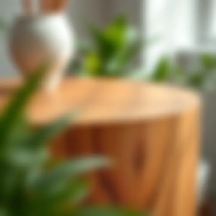 Close-up of wood grain on a stylish plant table