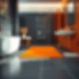 Stylish orange bathroom runner on modern tiles