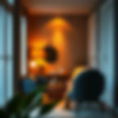 Dramatic floor lighting creating ambiance in a cozy corner