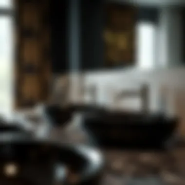 Close-up of high-quality materials used in black and white bathroom sinks