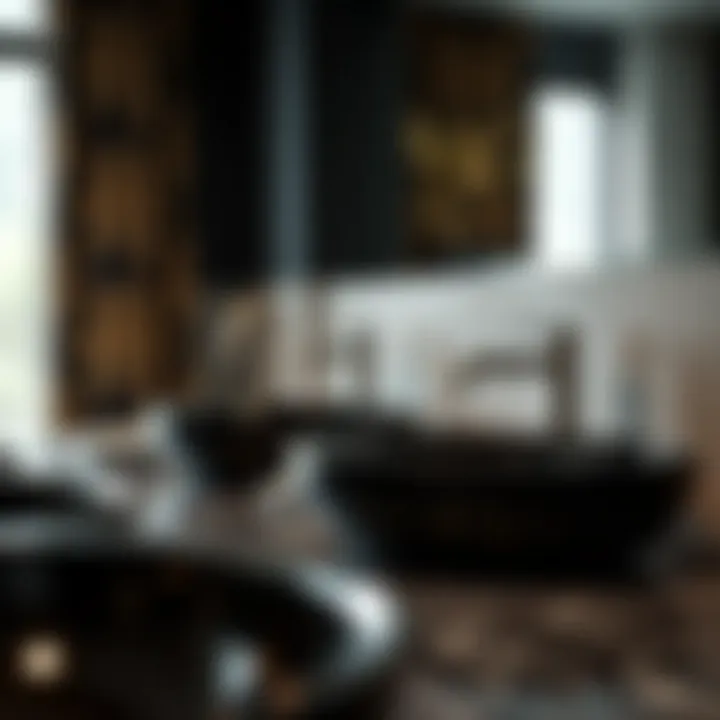 Close-up of high-quality materials used in black and white bathroom sinks