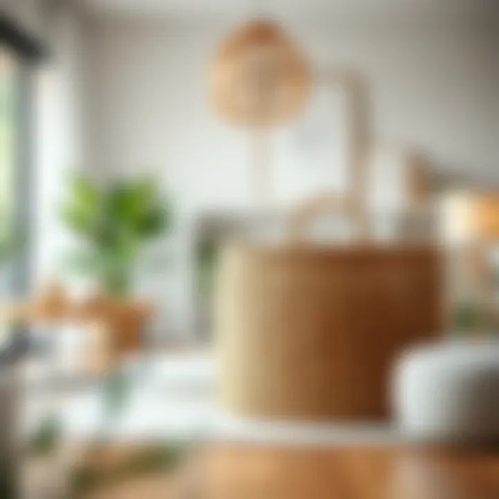 Stylish round wicker basket used as a decorative piece in a living room