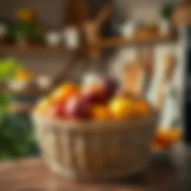 Round wicker basket filled with seasonal fruits in a rustic kitchen