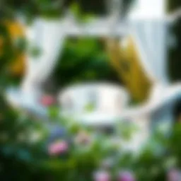 Elegant white wicker garden set amidst lush greenery