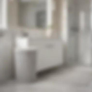 Stylish white wicker trash can placed in a bathroom