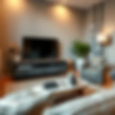 A cozy living space featuring a TV tray with a lip complementing the decor