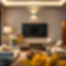 A beautifully designed sconce light illuminating a modern living room