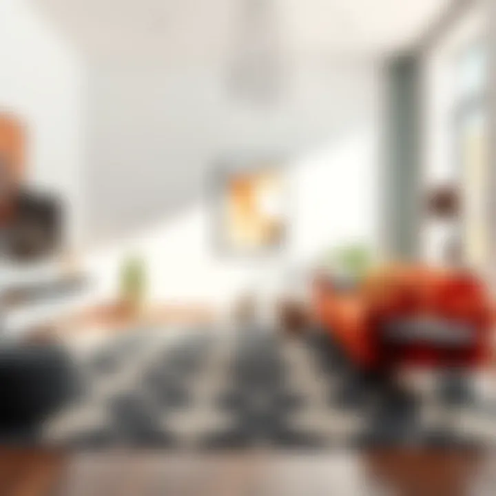 A stylishly designed room featuring a statement modern rug