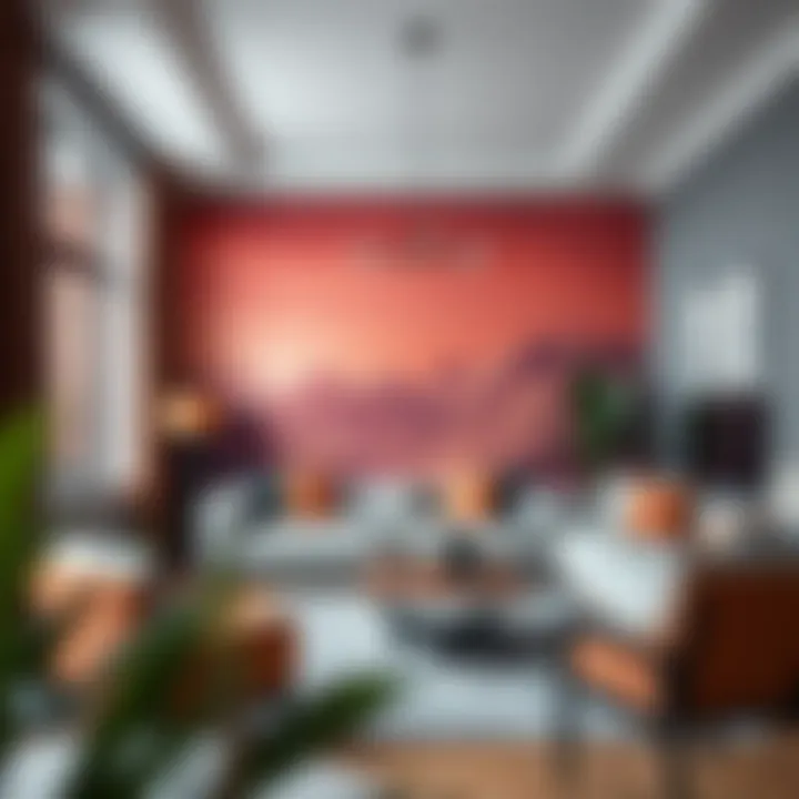 A stylish interior with a large wall mural that complements the decor